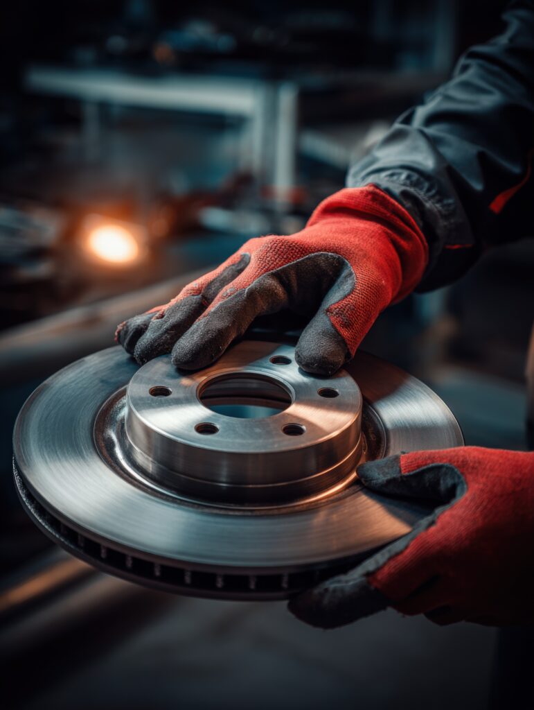 Up-close image of a mechanic holding a break disk